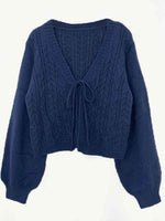 Load image into Gallery viewer, Cropped Ribbed Cardigan Bow Tie Lantern Sleeve Women N6B029