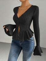 Load image into Gallery viewer, V Neck Ruffle Brushed Slim Top Bell Sleeve Women N6B085