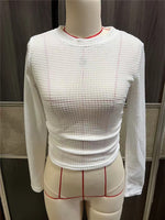 Load image into Gallery viewer, Fitted Checkered Long Sleeve Ruffle T-shirt Women N6C323