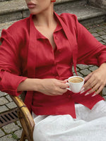 Load image into Gallery viewer, Tie Waist Scarf Collar Cotton Blouse Women Office N6A182