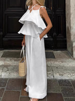 Load image into Gallery viewer, White Linen Flutter Sleeve Top and Wide Leg Pants Set N6D111