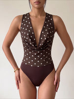 Load image into Gallery viewer, Retro Polka Dot Cowl Neck Deep V Bodysuit N6F008