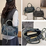 Load image into Gallery viewer, Women's Vintage Denim Studded Moto Tote Bag N6J198