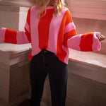 Load image into Gallery viewer, Oversized Stripe Knit Sweater Women Pink Black Color N5A831