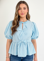 Load image into Gallery viewer, V Neck Puff Sleeve Bow Tie Chiffon Top Women N6B073