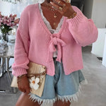 Load image into Gallery viewer, Reversible Bow Tie Cardigan Short Crochet Knit Front N5A840