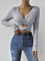 Load image into Gallery viewer, V Neck Crinkle Texture Crop Top Long Sleeve Women N6B082