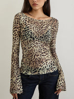 Load image into Gallery viewer, Animal Print Off Shoulder Long Sleeve Fitted Tee N6B081