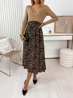 Load image into Gallery viewer, Cross V-Neck Draped Leopard Print Long Sleeve Dress N6G293