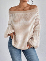 Load image into Gallery viewer, Off Shoulder Stripe Knit Sweater Drop Sleeve Women N6B031