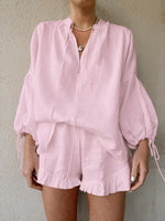 Load image into Gallery viewer, Lantern Sleeve Linen Two-Piece Set Women N6D115