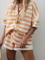 Load image into Gallery viewer, Knit Striped Lapel Short Sleeve Set Women N6D094