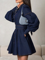 Load image into Gallery viewer, Denim Shirt Dress with Lantern Sleeve and Tie Belt N6C194