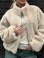 Load image into Gallery viewer, Stand Collar Faux Fur Zip Coat Women Beige N5A295