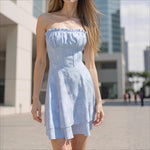 Load image into Gallery viewer, Blue Strapless Smocked Princess Satin Dress Women N5A939