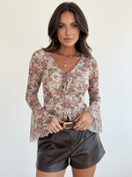 Load image into Gallery viewer, V Neck Tie Detail Floral Print Chiffon Blouse Women N6B102