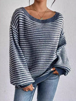 Load image into Gallery viewer, Off Shoulder Stripe Knit Sweater Drop Sleeve Women N6B031