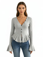 Load image into Gallery viewer, V Neck Ruffle Brushed Slim Top Bell Sleeve Women N6B085