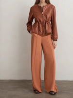 Load image into Gallery viewer, PU Drawstring Crop Coat Pleated Mid Weight Brown N5Z572