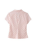 Load image into Gallery viewer, Pink Polka Dot Openwork Short Sleeve Shirt Women N6E154