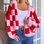 Load image into Gallery viewer, Plaid Color Block Cardigan Women Red Chunky Knit N5A849