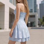 Load image into Gallery viewer, Blue Strapless Smocked Princess Satin Dress Women N5A939