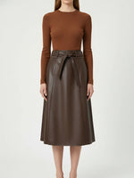 Load image into Gallery viewer, High Waist Bow Belt Leather Skirt A Line N6B090