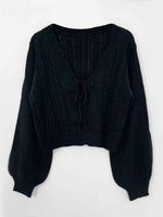 Load image into Gallery viewer, Cropped Ribbed Cardigan Bow Tie Lantern Sleeve Women N6B029