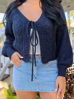 Load image into Gallery viewer, Cropped Ribbed Cardigan Bow Tie Lantern Sleeve Women N6B029