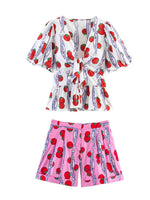 Load image into Gallery viewer, Bow Detail Print Short Sleeve Shorts Set N6F203