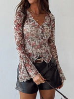 Load image into Gallery viewer, V Neck Tie Detail Floral Print Chiffon Blouse Women N6B102