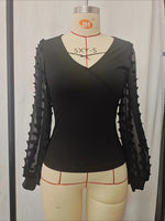 Load image into Gallery viewer, Jacquard Sheer V-neck Bubble Sleeve T Shirt Women N6B043