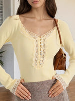 Load image into Gallery viewer, Lace Trim Button-Front Knit Top Women N6D172