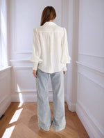 Load image into Gallery viewer, White Shirt Collar Flounce Sleeve Lace Shirt Women N6C123
