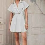 Load image into Gallery viewer, Light Green Stripe Tie Collar Hollow Dress Women N5A951