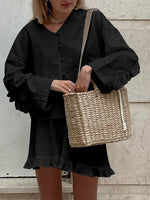 Load image into Gallery viewer, Long Sleeve Ruffle Sleeve Shirt High Waist Shorts Set N6D108