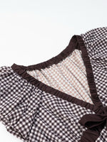 Load image into Gallery viewer, Gingham Balloon Sleeve Bow Tie Blouse Women N6C276