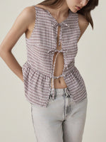 Load image into Gallery viewer, Plaid Sleeveless Vest with Tie Front Women N6E174