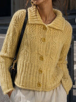 Load image into Gallery viewer, Cable-Knit Polo Collar Openwork Button Cardigan Women N6H284
