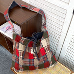 Load image into Gallery viewer, Women's Plaid Denim Tie-Closure Tote Bag N6J203