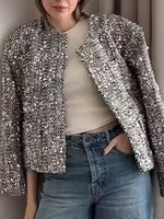 Load image into Gallery viewer, Silver Sequin Tweed Blazer Women N5A571