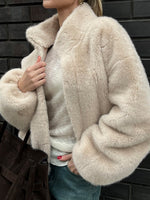 Load image into Gallery viewer, Stand Collar Faux Fur Zip Coat Women Beige N5A295
