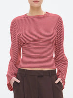 Load image into Gallery viewer, Striped Waist Tie Cropped Long Sleeve Tee Women N6B080