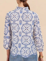 Load image into Gallery viewer, Blue White Pattern Stand Collar Shirt Women N6C125