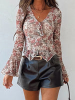 Load image into Gallery viewer, V Neck Tie Detail Floral Print Chiffon Blouse Women N6B102