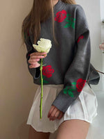 Load image into Gallery viewer, Rose Print Round Neck Sweater Women Multiple Colors N5A537