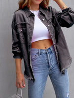 Load image into Gallery viewer, Distressed Denim Jacket Mid Length Raw Hem N5Z166