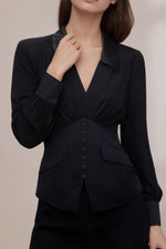 Load image into Gallery viewer, Black V Neck Ruffle Blouse Women French Style N5A708