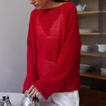 Load image into Gallery viewer, Sheer Round Neck Flare Sleeve Hollow Knit Top N6A098