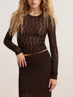 Load image into Gallery viewer, Brown Lace Long Sleeve Slim Fit Top N6F224